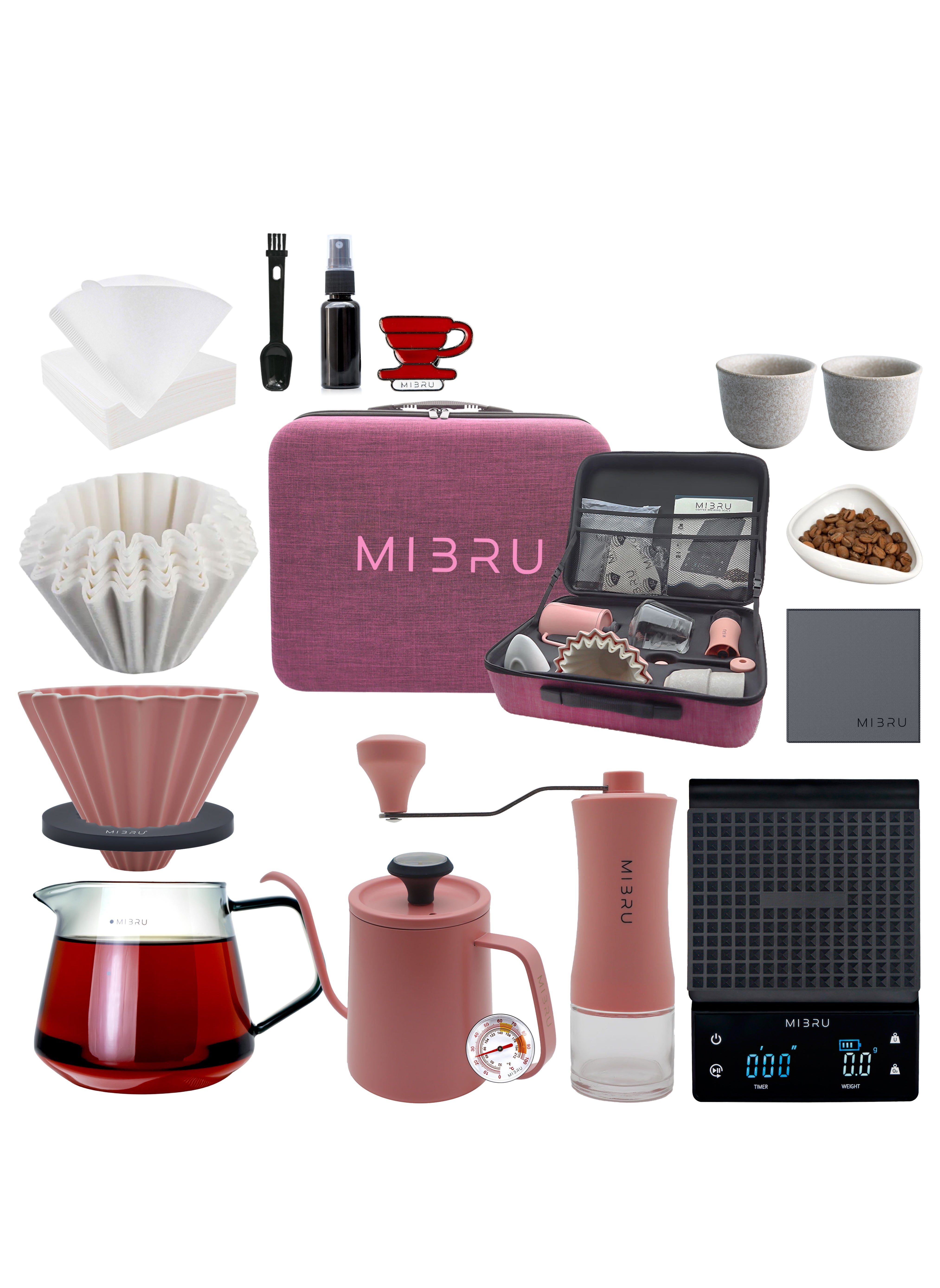 MIBRU V60 Pour Over Coffee Set,14-Piece Drip Coffee Maker Set,Hand Brewing Coffee Accessories Kit,ALL In 1 Portable Travel Bag Pink 