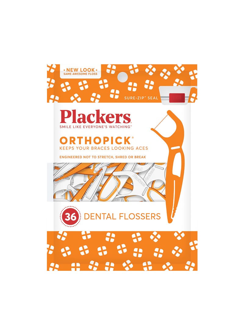 Plackers - Plackers Orthopick Floss Picks Unflavored Designed for Braces FoldOut FlipPick Tuffloss Easy Storage with SureZip Seal 36 Count - Image 1
