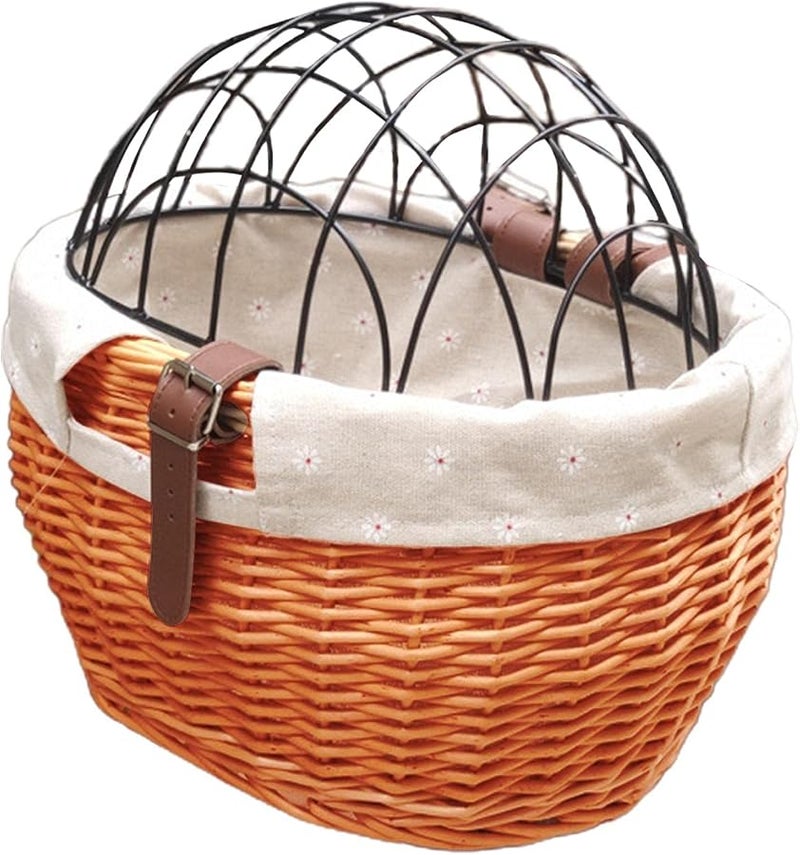 Honey Color Wicker Bike Basket For Small Dogs Cats Pet Carrier With Wire Mesh Cover - Image 1