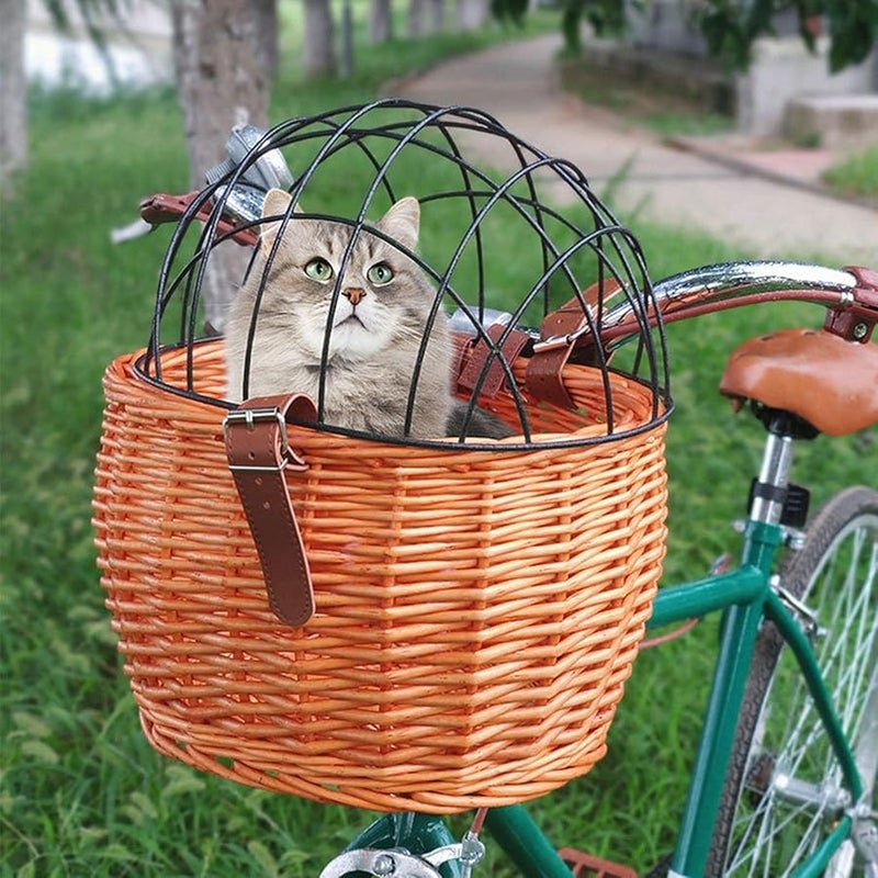 Honey Color Wicker Bike Basket For Small Dogs Cats Pet Carrier With Wire Mesh Cover - Image 5