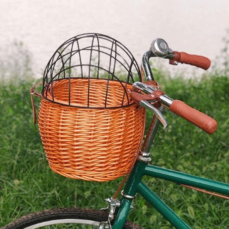 Honey Color Wicker Bike Basket For Small Dogs Cats Pet Carrier With Wire Mesh Cover - Image 4