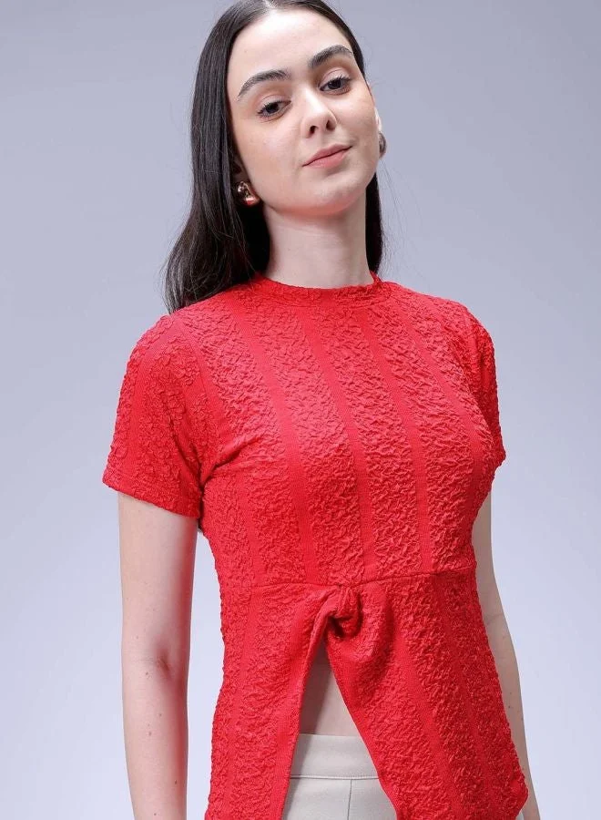 Freehand Women Regular Fit Textured Crew Neck Short Sleeve Knotted Top