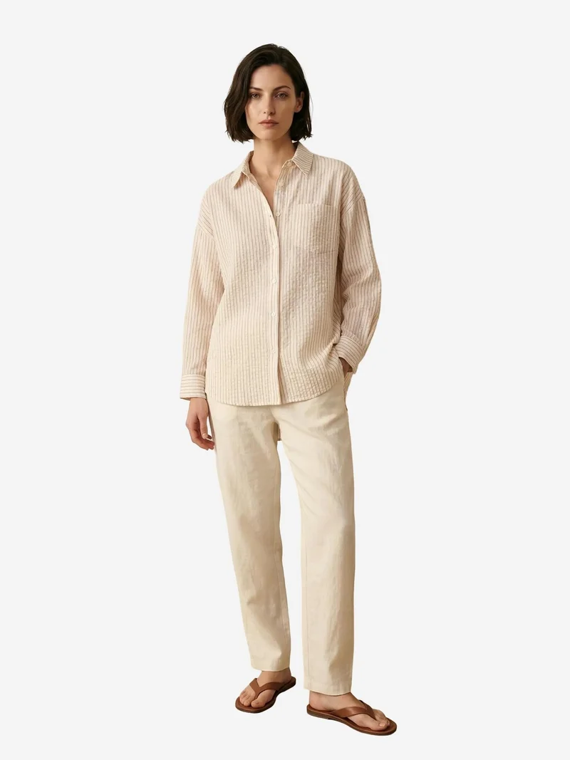 MY FASHION Striped Linen Blend Button-Up Shirt