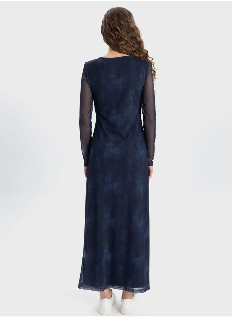 DeFacto Bodycon Boat Collar Batic Tulle Midi Long Sleeve D  - Image 2