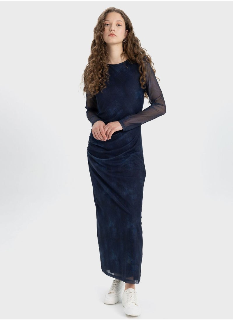 DeFacto Bodycon Boat Collar Batic Tulle Midi Long Sleeve D  - Image 3