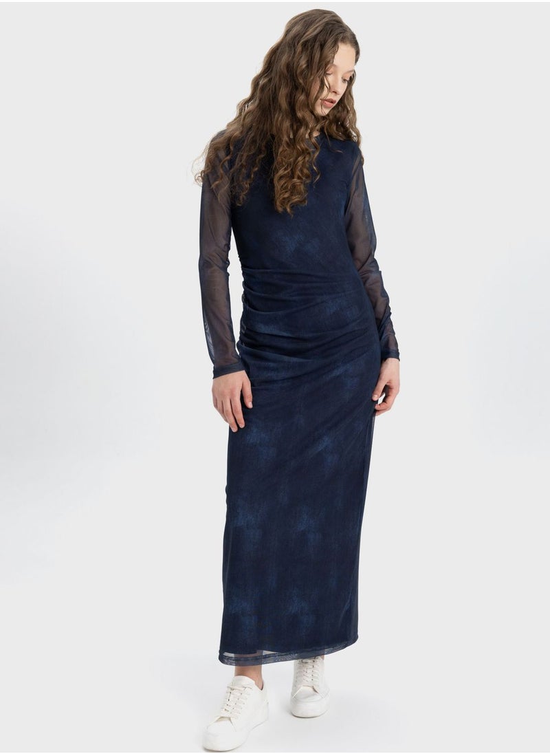 DeFacto Bodycon Boat Collar Batic Tulle Midi Long Sleeve D  - Image 5