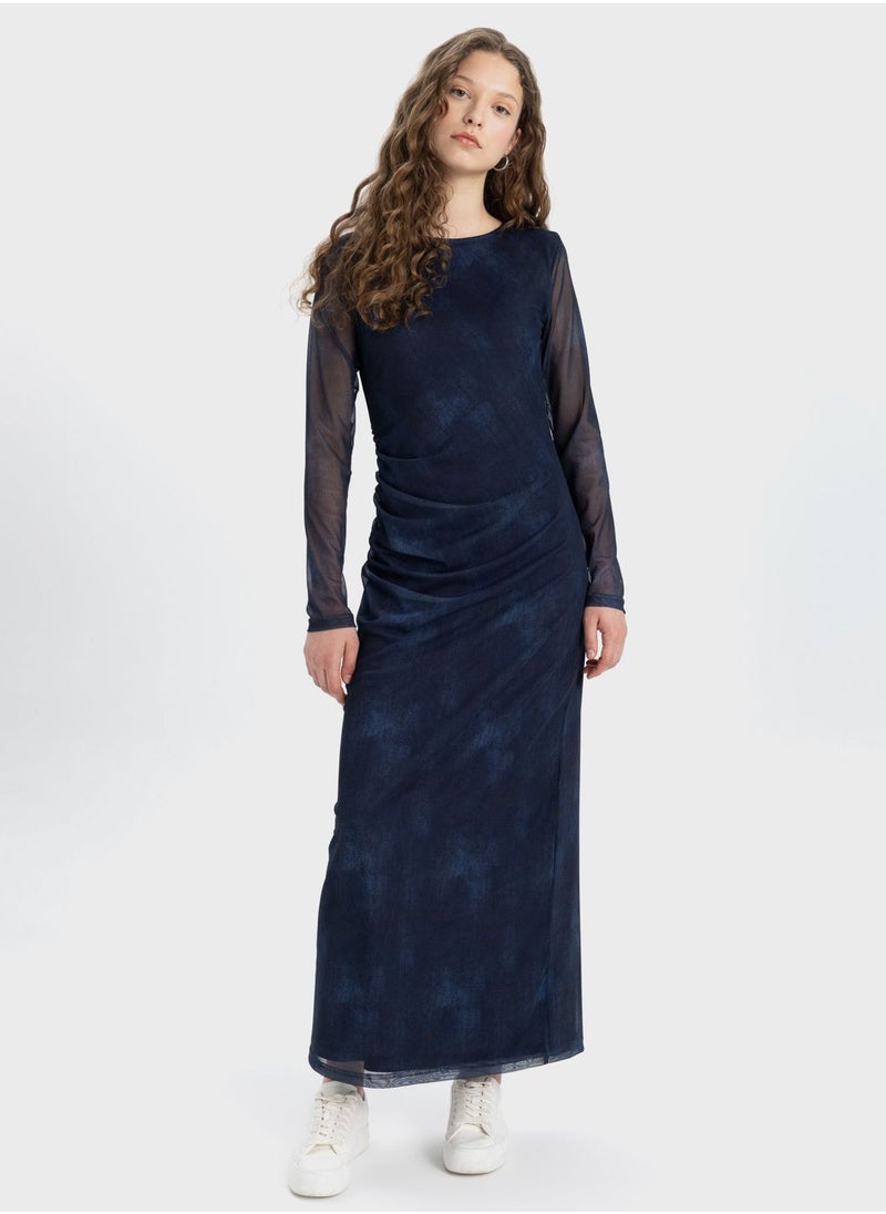 DeFacto Bodycon Boat Collar Batic Tulle Midi Long Sleeve D  - Image 1