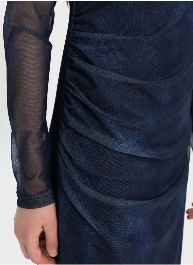 DeFacto Bodycon Boat Collar Batic Tulle Midi Long Sleeve D