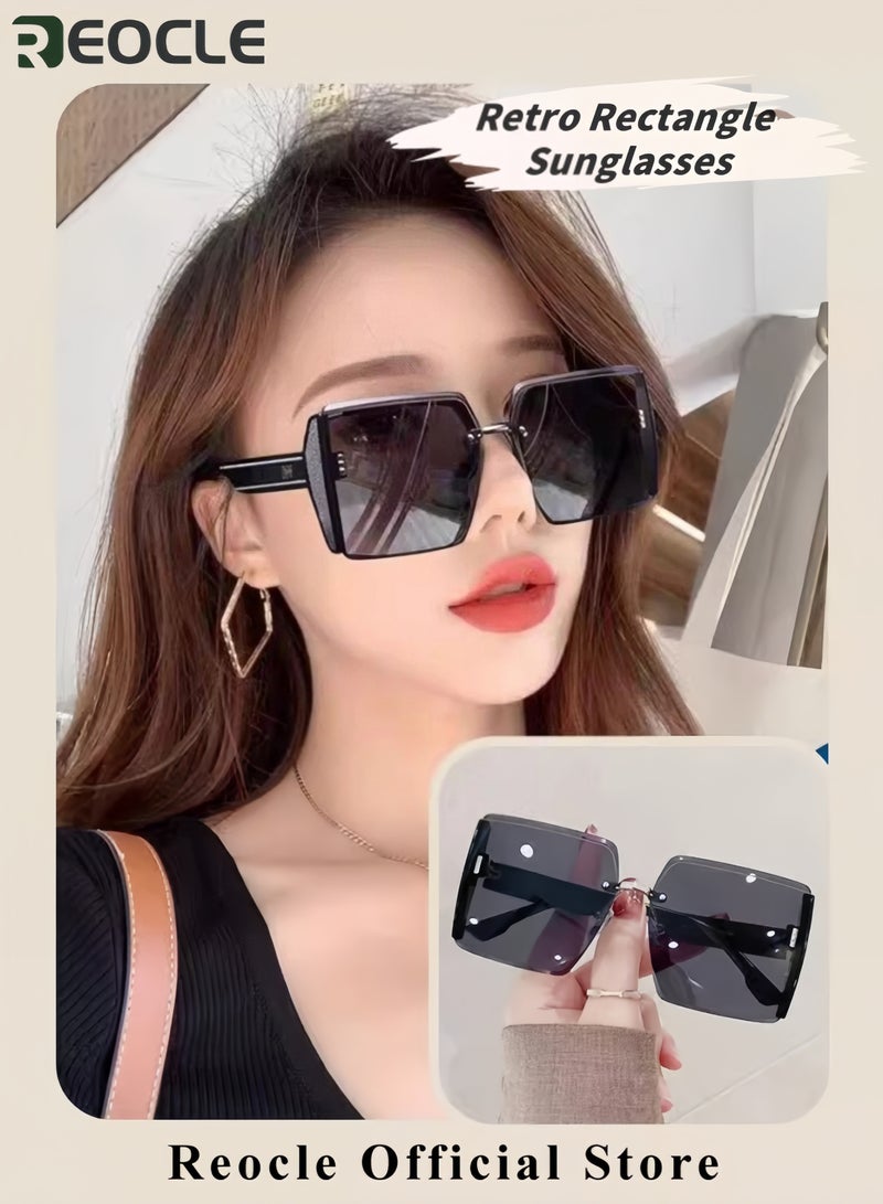 ريوكل نظارات شمسية مستطيلة عتيقة نظارات شمسية كبيرة مربعة للنساء حماية من الأشعة فوق البنفسجية UV400 نظارات قيادة بإطار مربع عصري - Image 2