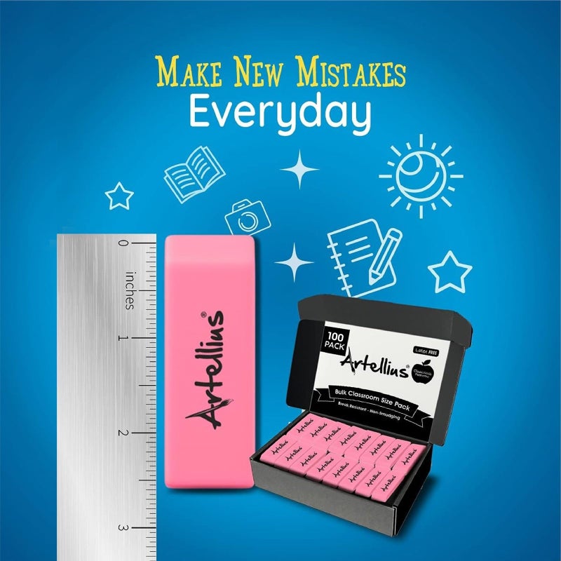 Artellius Pink Erasers | Latex & Smudge Free | Bulk School Supplies | Classrooms, Teachers, Homeschool, Office, Art Class | Large Size (Pack of 100) - Image 2