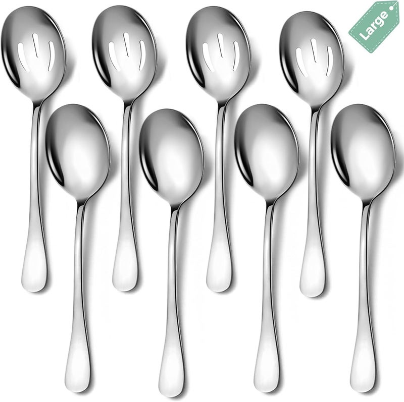 KEYOXY Stainless Steel Serving Spoons Set, 8pc, 10-Inch, Includes 4 Large, 4 Slotted, for Parties/Kitchen/Buffet/Catering, Dishwasher Safe - Image 1