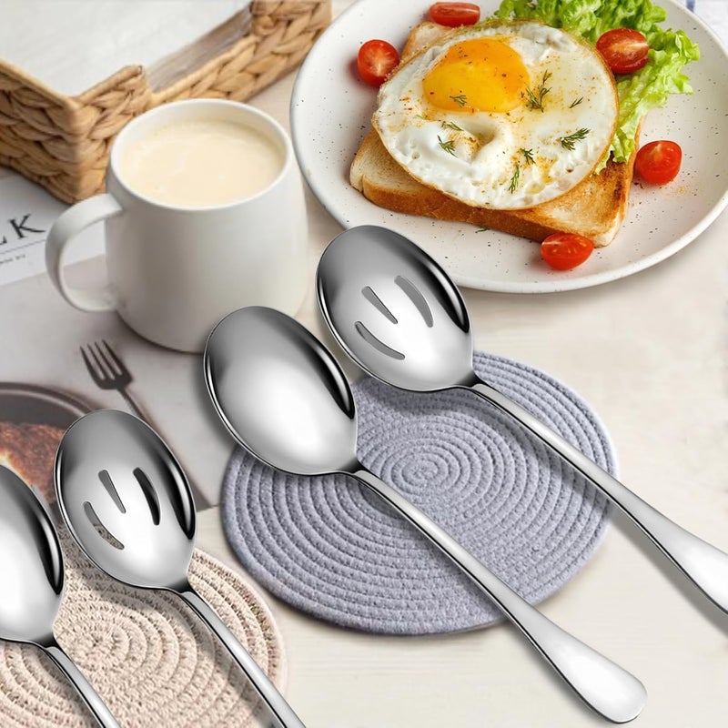 KEYOXY Stainless Steel Serving Spoons Set, 8pc, 10-Inch, Includes 4 Large, 4 Slotted, for Parties/Kitchen/Buffet/Catering, Dishwasher Safe - Image 4