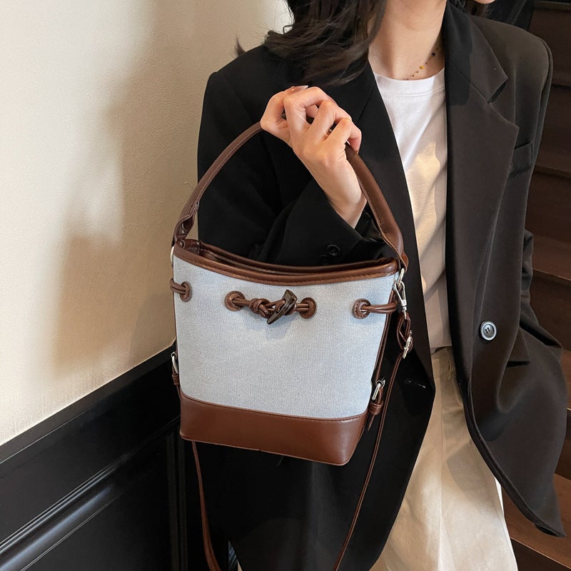 Niche Design Canvas Patchwork Color-Block Bucket Bag For Women 2026 New Style Handbag Commuter Bag Single Shoulder Crossbody Bag - Image 3