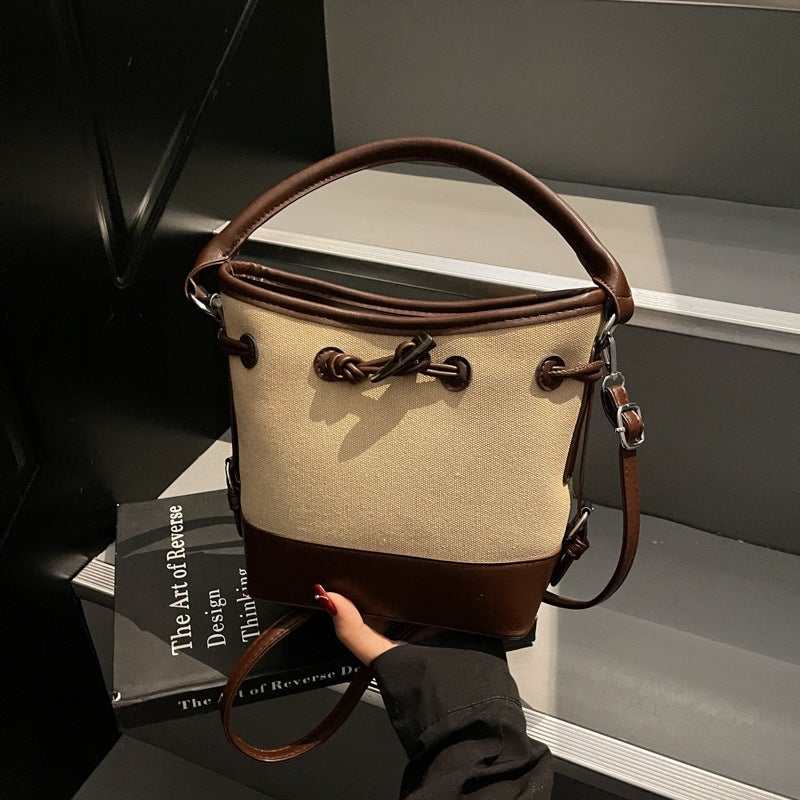 Niche Design Canvas Patchwork Color-Block Bucket Bag For Women 2026 New Style Handbag Commuter Bag Single Shoulder Crossbody Bag - Image 2