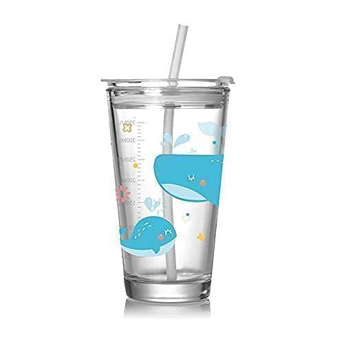 BBD kitchen shop BBD kitchen shop Glass Mug Drinking and Measuring Cup with Silicone Straw and Lid Cartoon Pattern Creative Design 450ml Multipurpose for Milk Tea Coffee Juice Thik Shake - Image 1