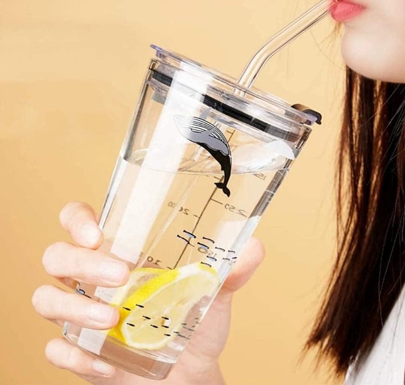 BBD kitchen shop BBD kitchen shop Glass Mug Drinking and Measuring Cup with Silicone Straw and Lid Cartoon Pattern Creative Design 450ml Multipurpose for Milk Tea Coffee Juice Thik Shake - Image 4