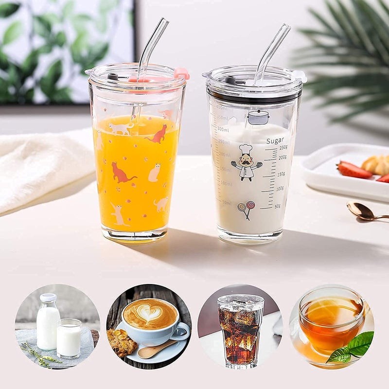 BBD kitchen shop BBD kitchen shop Glass Mug Drinking and Measuring Cup with Silicone Straw and Lid Cartoon Pattern Creative Design 450ml Multipurpose for Milk Tea Coffee Juice Thik Shake - Image 2