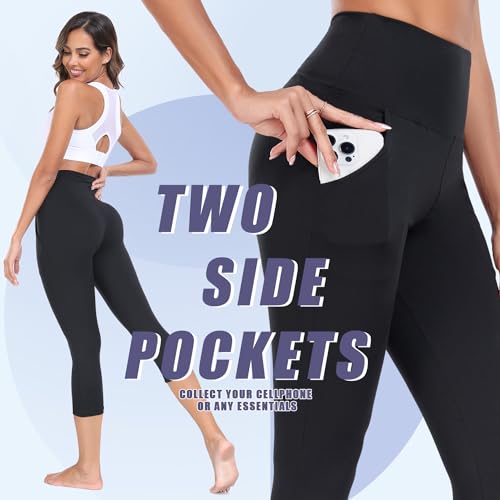 FULLSOFT 4 Pack Capri Leggings with Pockets for Women,Soft High Waisted Tummy Control Workout Yoga Pants(4 Pack Capri Rosy+Blue+Light Grey+White,Large-X-Large) - Image 4