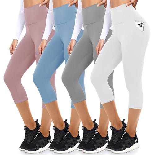 FULLSOFT 4 Pack Capri Leggings with Pockets for Women,Soft High Waisted Tummy Control Workout Yoga Pants(4 Pack Capri Rosy+Blue+Light Grey+White,Large-X-Large) - Image 1