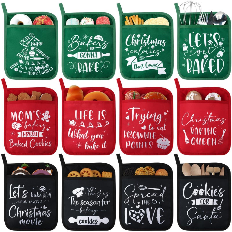 Layhit 12 Pieces Christmas Pot Holders with Pocket Oven Mitts Ornament Pot Holders Farmhouse Cookie Bag for Baking Cooking Appreciation GiftRed and Green