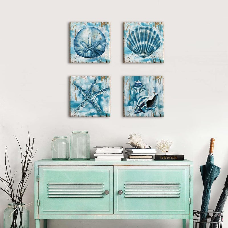 sunfrower Vintage Teal Blue Wall Art Beach Seashell Starfish Wall Decor - Image 2