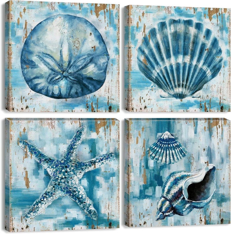 sunfrower Vintage Teal Blue Wall Art Beach Seashell Starfish Wall Decor - Image 1