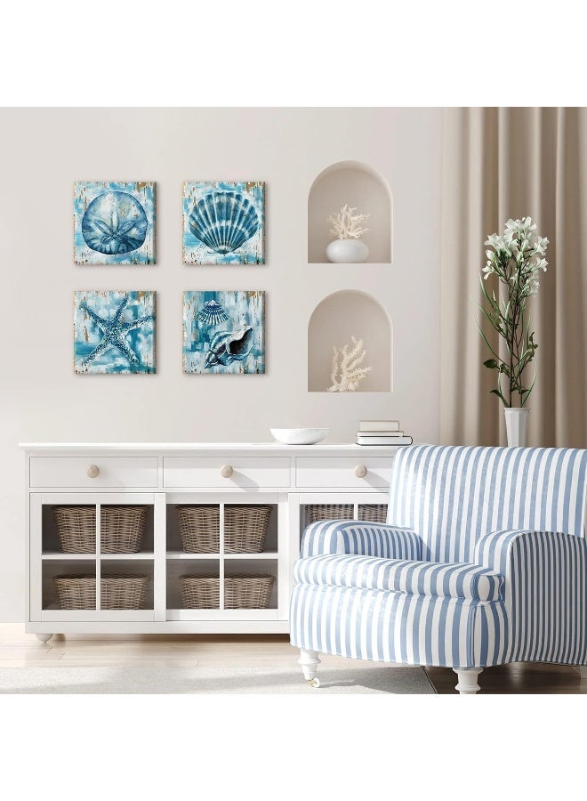 sunfrower Vintage Teal Blue Wall Art Beach Seashell Starfish Wall Decor - Image 4