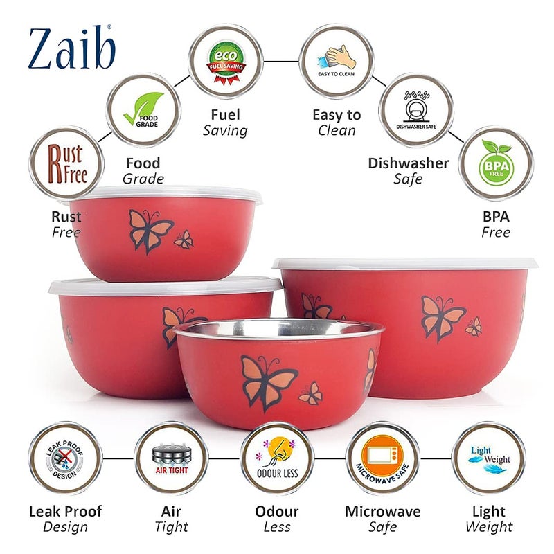 Zaib Stainless Steel Micrwoave Safe Containers with Lid for Kitchen Food Stroage | Euro Mixing Bowls (WL 4 Red Butterfly A) - Image 2