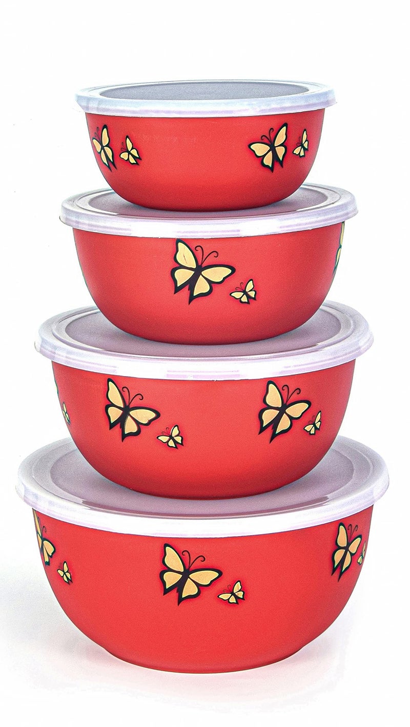 Zaib Stainless Steel Micrwoave Safe Containers with Lid for Kitchen Food Stroage | Euro Mixing Bowls (WL 4 Red Butterfly A) - Image 1