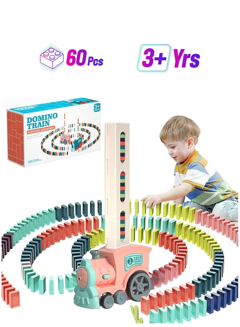 Kids Domino Train Toy Set - 60 Pieces, Dominoes Building Blocks Set Building and Stacking Toys Creative Children's Game Gift Dominoes for 3-8 Years Old Boys Girls（Pink） - Image 1