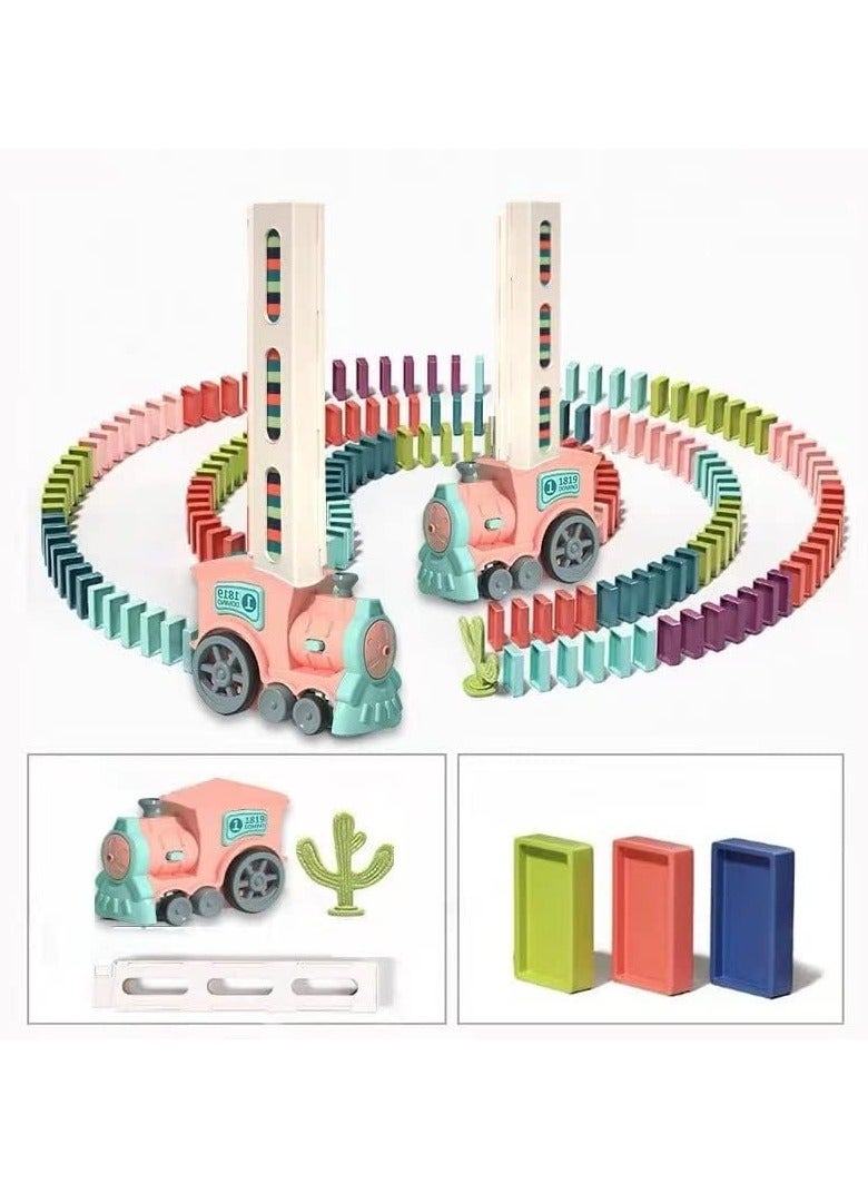 Kids Domino Train Toy Set - 60 Pieces, Dominoes Building Blocks Set Building and Stacking Toys Creative Children's Game Gift Dominoes for 3-8 Years Old Boys Girls（Pink） - Image 3