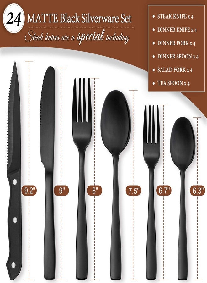 Hiware 24 Pieces Matte Black Silverware Set with Steak Knives for 4, Stainless Steel Flatware Utensils Set, Hand Wash Recommended - Image 2
