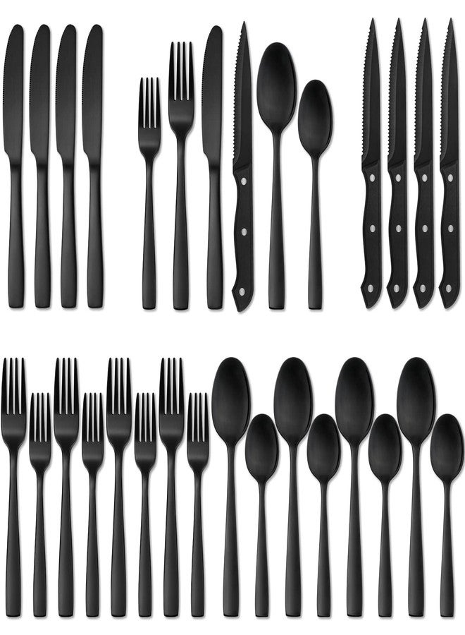 Hiware 24 Pieces Matte Black Silverware Set with Steak Knives for 4, Stainless Steel Flatware Utensils Set, Hand Wash Recommended - Image 1