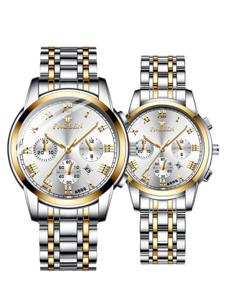 FNGEEN Roman Numeral Stainless Steel Luminous Quartz Couple Watch For Men & Women  4006  - Image 1