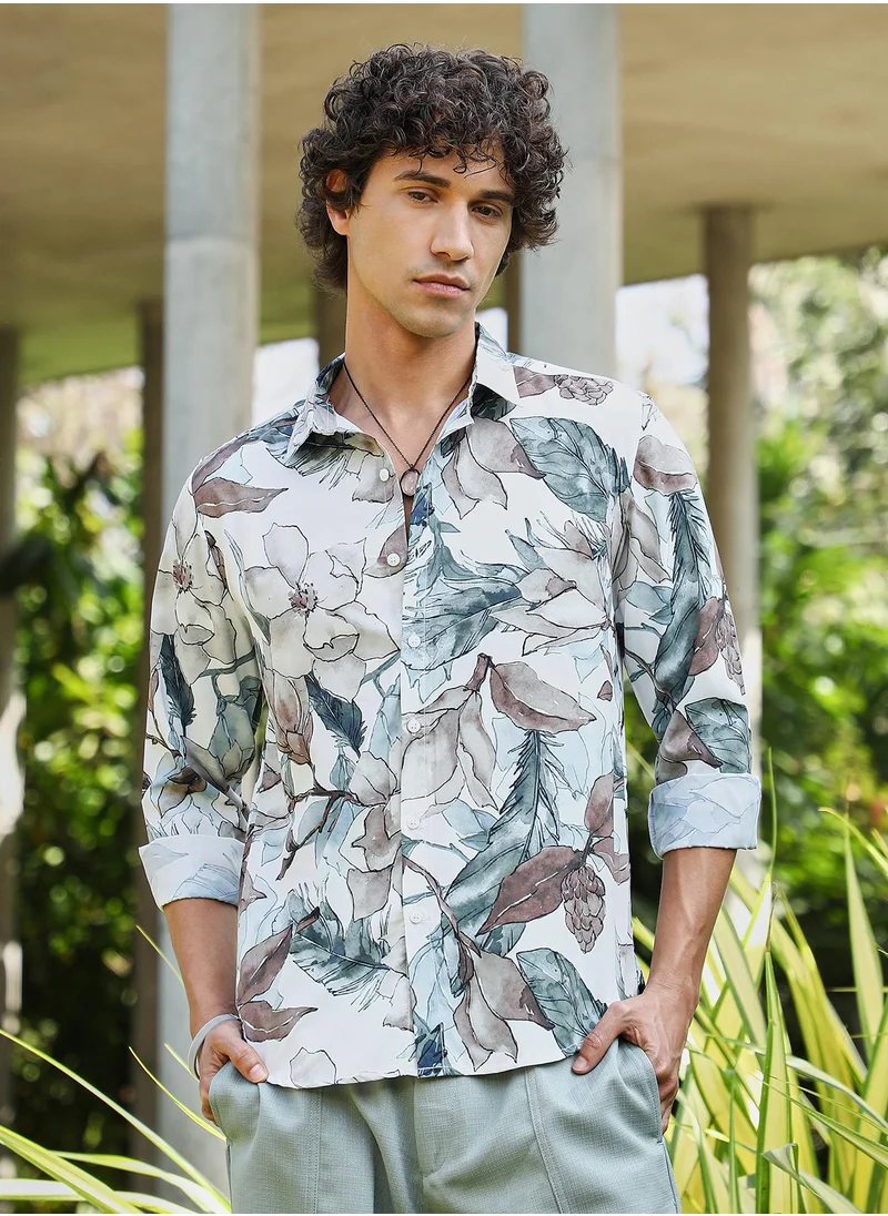 Campus Sutra Men's Icy Blue & Daisy White Stained-Foliage Shirt