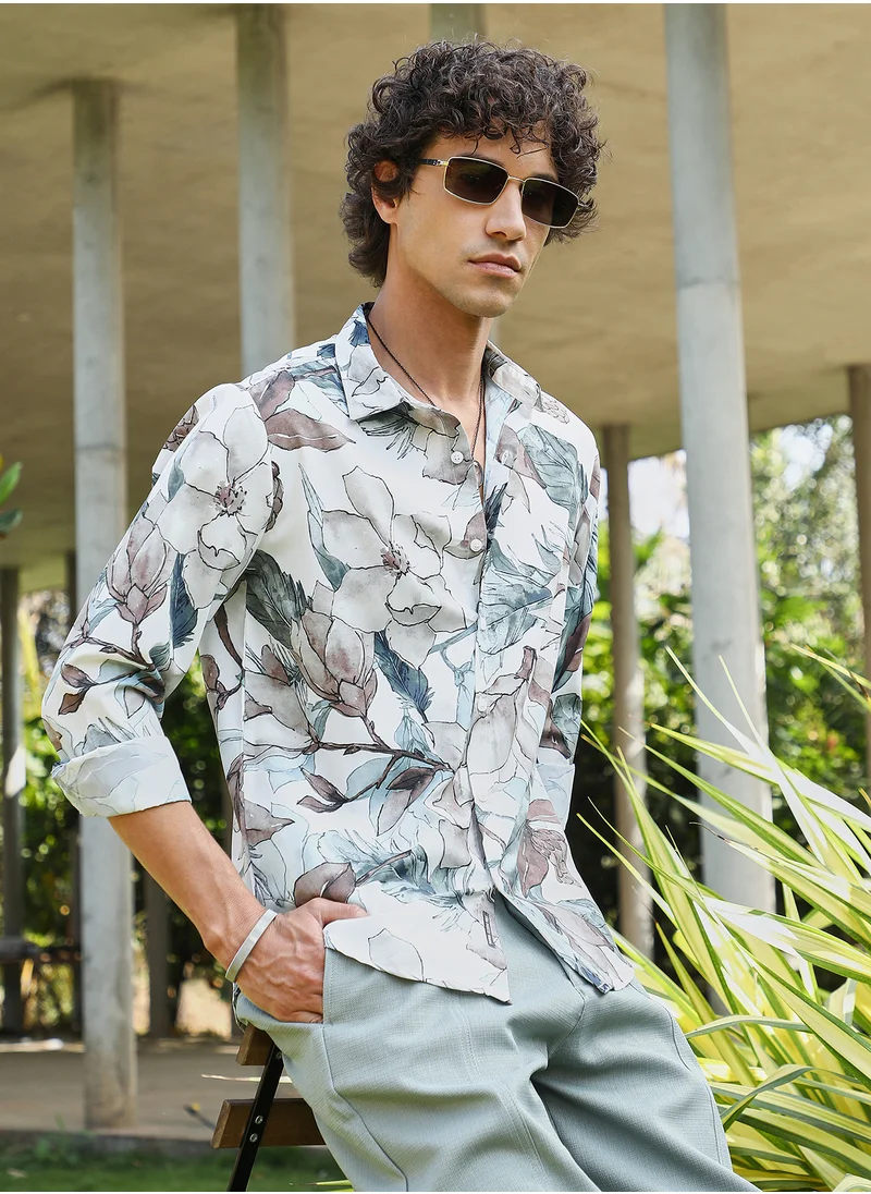 Campus Sutra Men's Icy Blue & Daisy White Stained-Foliage Shirt