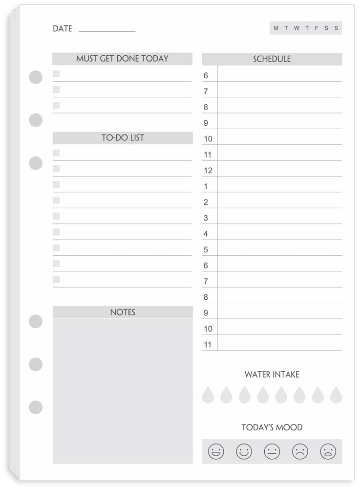 Fan&Ran A5 To Do List Refill Paper 100 Sheets, Undated Daily Schedule, Day Priorities, Notes and Water Tracker, 6-Hole Punches, 5.82"x8.26" - Image 1