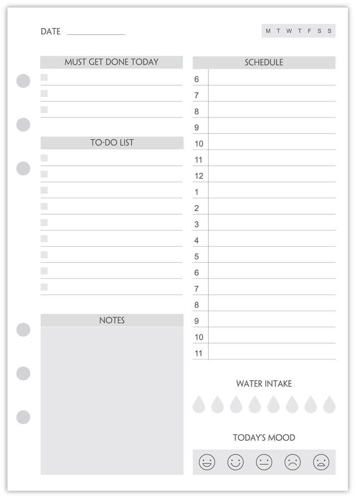 Fan&Ran A5 To Do List Refill Paper 100 Sheets, Undated Daily Schedule, Day Priorities, Notes and Water Tracker, 6-Hole Punches, 5.82"x8.26" - Image 4