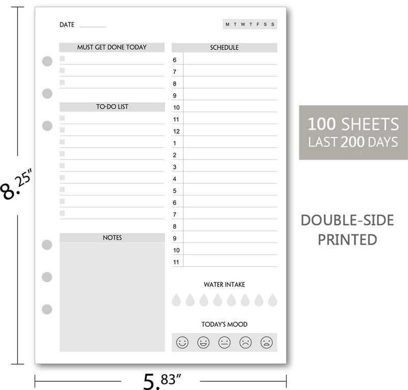 Fan&Ran A5 To Do List Refill Paper 100 Sheets, Undated Daily Schedule, Day Priorities, Notes and Water Tracker, 6-Hole Punches, 5.82"x8.26" - Image 2