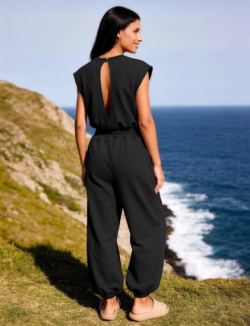 Flygo Womens Casual Jumpsuit Crewneck Cap Sleeve Long Wide Leg Pants One Piece Outfits Drawstring Romper with Pockets(Black-M) - Image 4