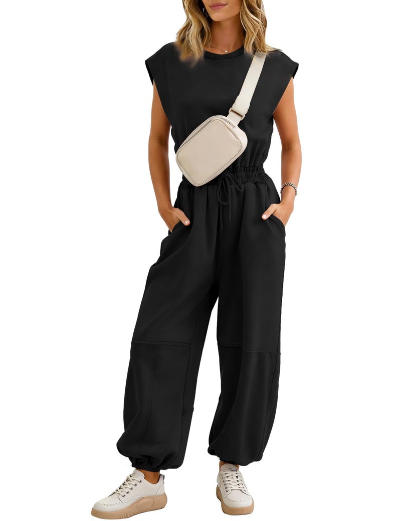 Flygo Womens Casual Jumpsuit Crewneck Cap Sleeve Long Wide Leg Pants One Piece Outfits Drawstring Romper with Pockets(Black-M) - Image 1