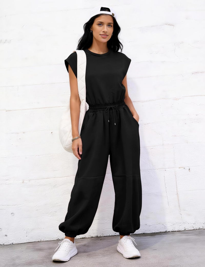 Flygo Womens Casual Jumpsuit Crewneck Cap Sleeve Long Wide Leg Pants One Piece Outfits Drawstring Romper with Pockets(Black-M) - Image 5