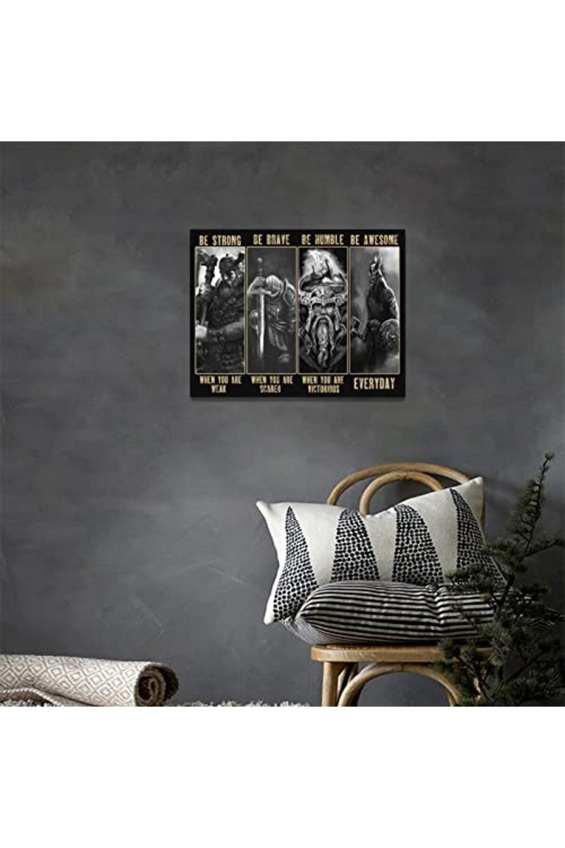 SweetFox Viking Warrior Wall Art Viking Samurai Picture Wall Decor Be Strong Inspirational Quotes Canvas Painting Prints Vintage Motivational Poster Artwork Home Decor Framed for Bedroom Living Room 16"x12" - Image 2