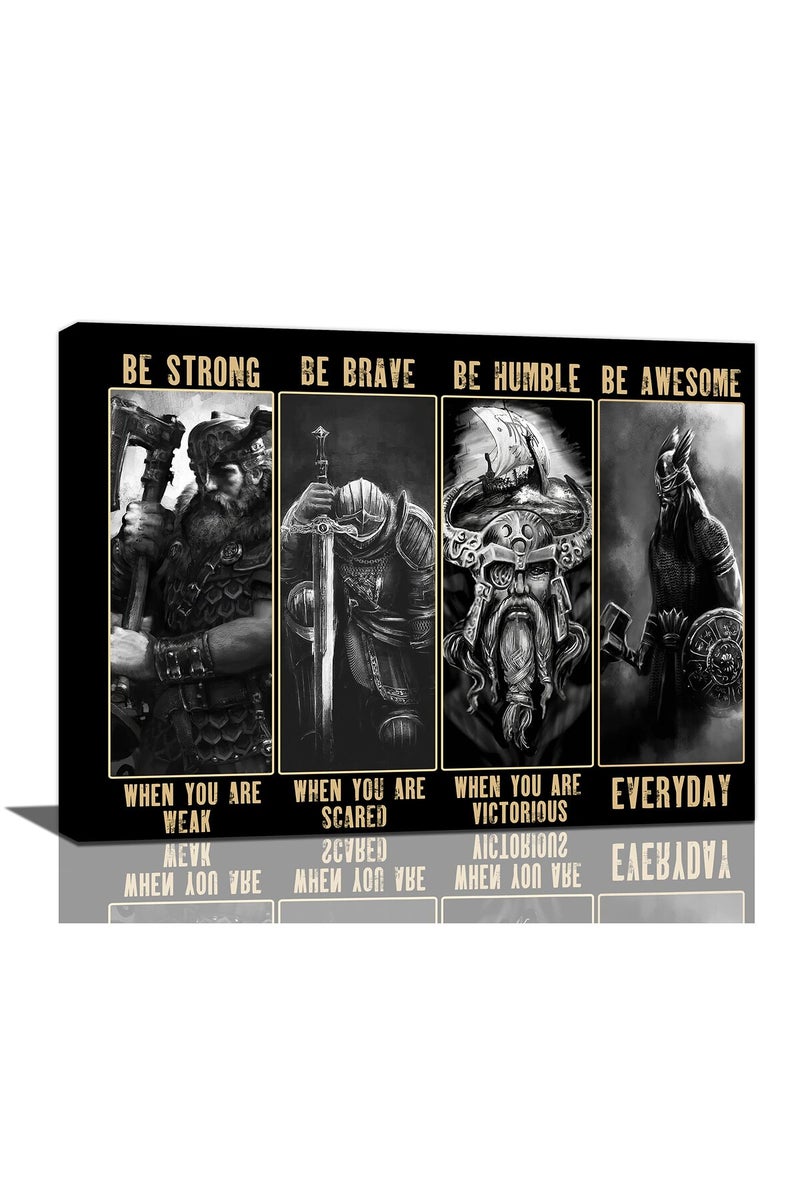 SweetFox Viking Warrior Wall Art Viking Samurai Picture Wall Decor Be Strong Inspirational Quotes Canvas Painting Prints Vintage Motivational Poster Artwork Home Decor Framed for Bedroom Living Room 16"x12" - Image 1