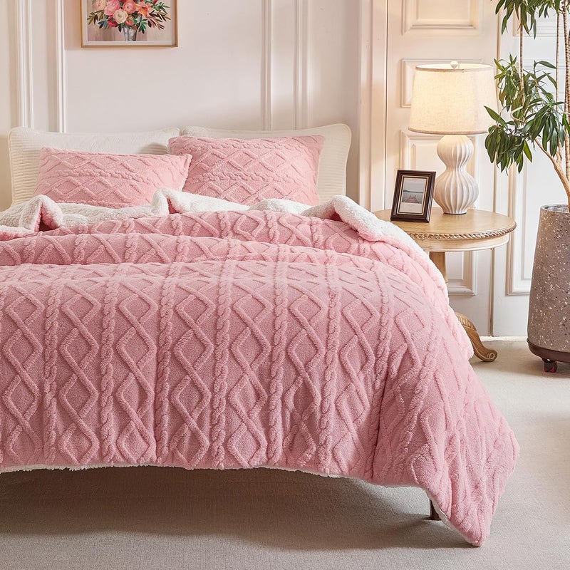 Joyreap 3-Piece Fluffy Faux Fur Sherpa Comforter Set Pink, Queen Size Luxury Tufted Bedding Comforter Set, All Season Soft n Cozy Plush Comforter Bed Set- 88x88 inches - Image 1