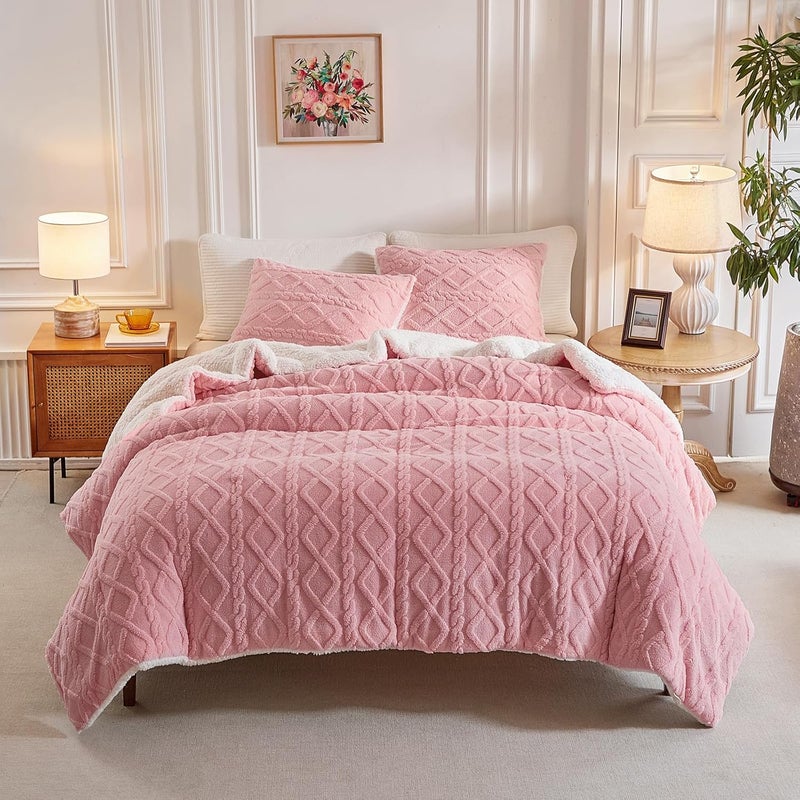 Joyreap 3-Piece Fluffy Faux Fur Sherpa Comforter Set Pink, Queen Size Luxury Tufted Bedding Comforter Set, All Season Soft n Cozy Plush Comforter Bed Set- 88x88 inches - Image 3