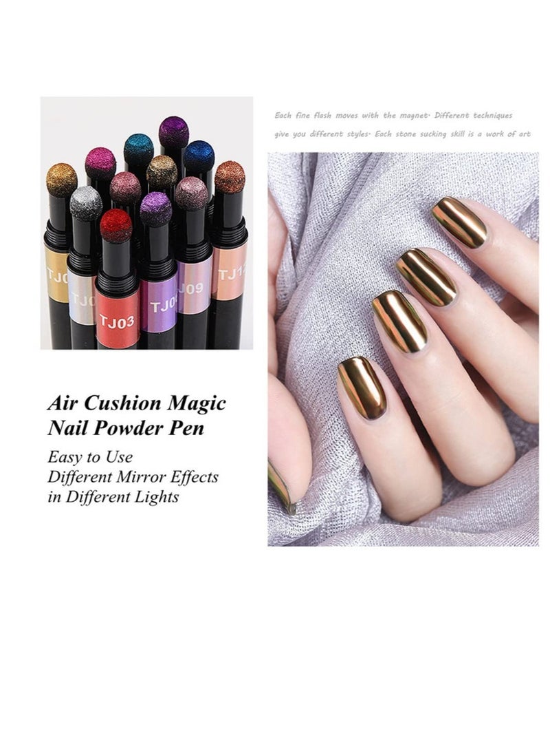 Excefore Chrome Nail Powder Kit, Air Cushion Nail Art Pen, Holographic Nail Powder Sponge Stick Mirror Effect, Nail Polish Pens Acrylic Nail Powder (12 Colorful) - Image 4