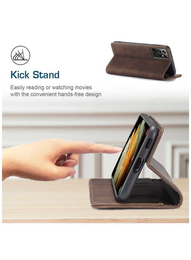 CaseMe CaseMe Samsung Galaxy S21 Ultra Case Wallet, for Samsung Galaxy S21 Ultra Wallet Case Book Folding Flip Folio Case with Magnetic Kickstand Card Slots Protective Cover - Coffee  - Image 5
