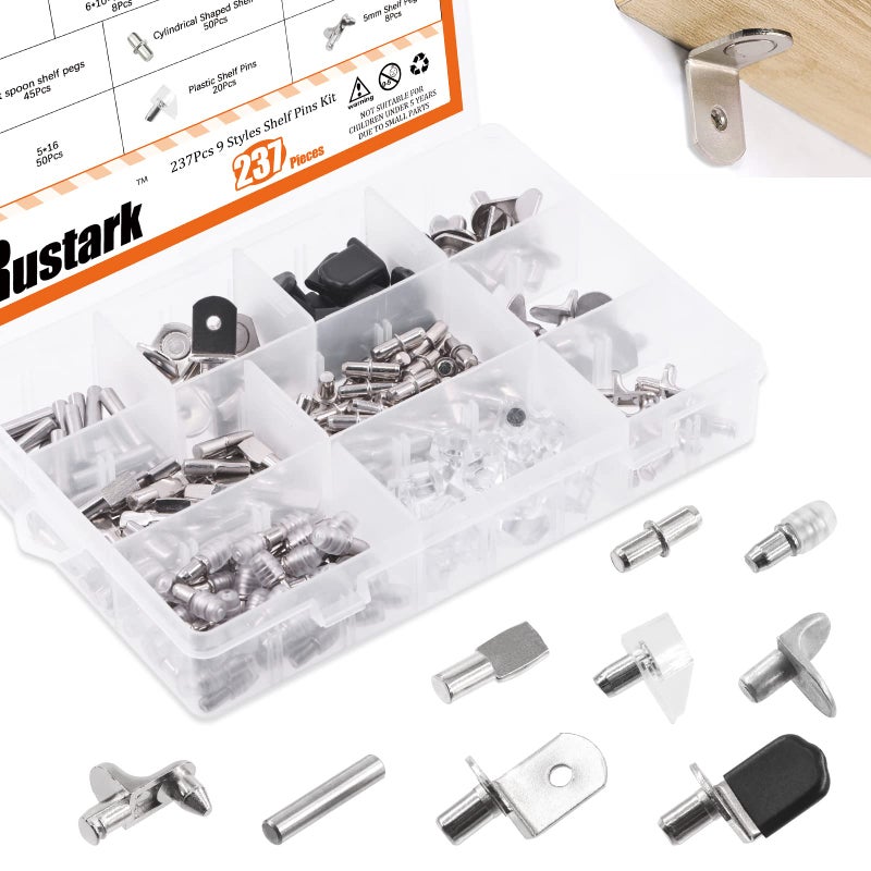 Rustark 237Pcs 9 Styles Nickel Plated Shelf Pegs Shelves Pins Bracket Cabinet Support Metal Pegs Assortment Kit for Shelf Holes Bookshelf Furniture - Image 2