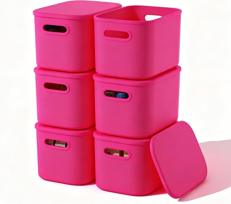 ORGIDOL 6 Pack Pink Storage Bins with Lids Stackable Storage Container for Organizing, Storage Boxes with Handle for Shelves, Cute Storage Bin for Craft, Snacks, 9.85x6.9x5.7 inch - Image 1